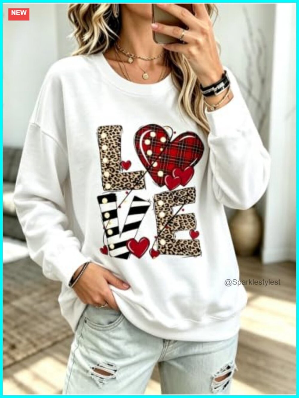 Valentine's Day LOVE Print Sweatshirt Leopard Plaid Heart Long Sleeve Crew Neck